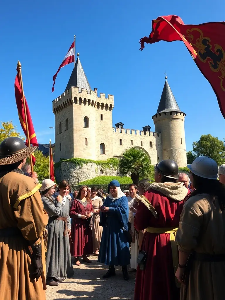 A vibrant image of a historical reenactment event held at the Chateau de Dame Hautebrune, with participants dressed in period costumes, engaging the audience.