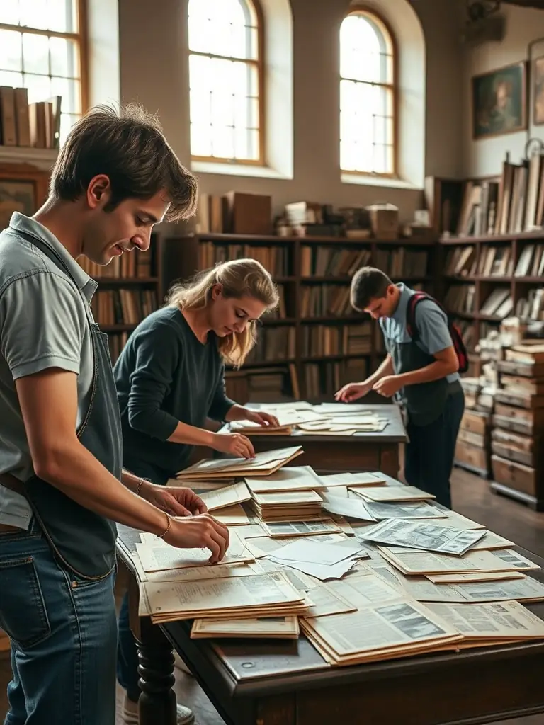 A photograph capturing volunteers meticulously archiving historical documents at the Chateau de Dame Hautebrune, showcasing the foundation's commitment to preserving local heritage.