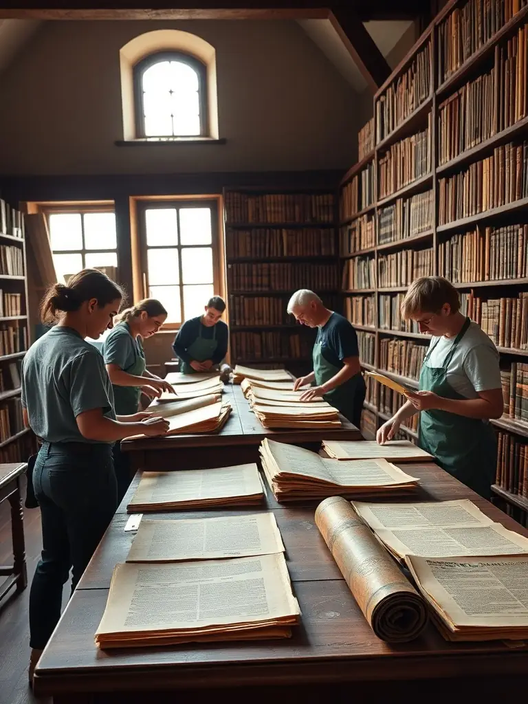 A photograph of volunteers meticulously archiving historical documents at the Chateau de Dame Hautebrune, showcasing the foundation's commitment to preserving historical records.