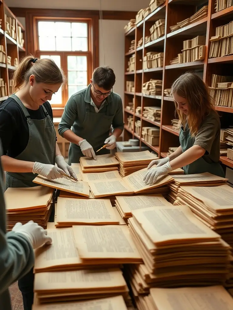 A photograph of volunteers carefully archiving historical documents at the Chateau de Dame Hautebrune, showcasing the meticulous work involved in preserving the heritage.