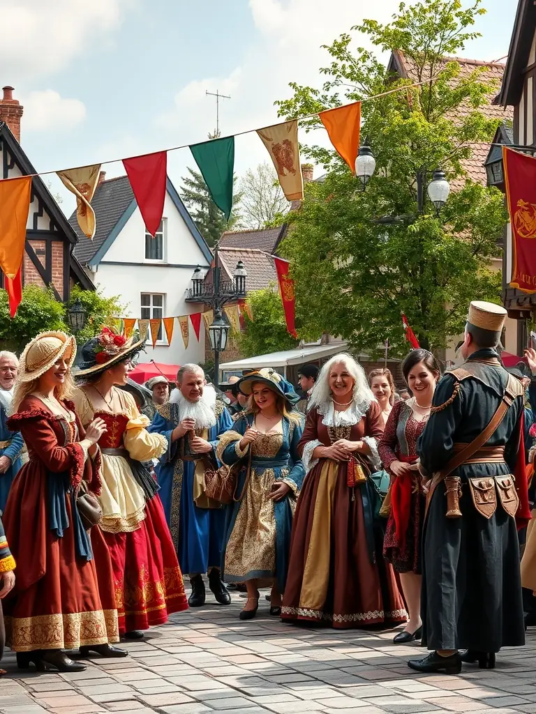 A community event at the Chateau de Dame Hautebrune, with people enjoying a historical reenactment and celebrating the local heritage.