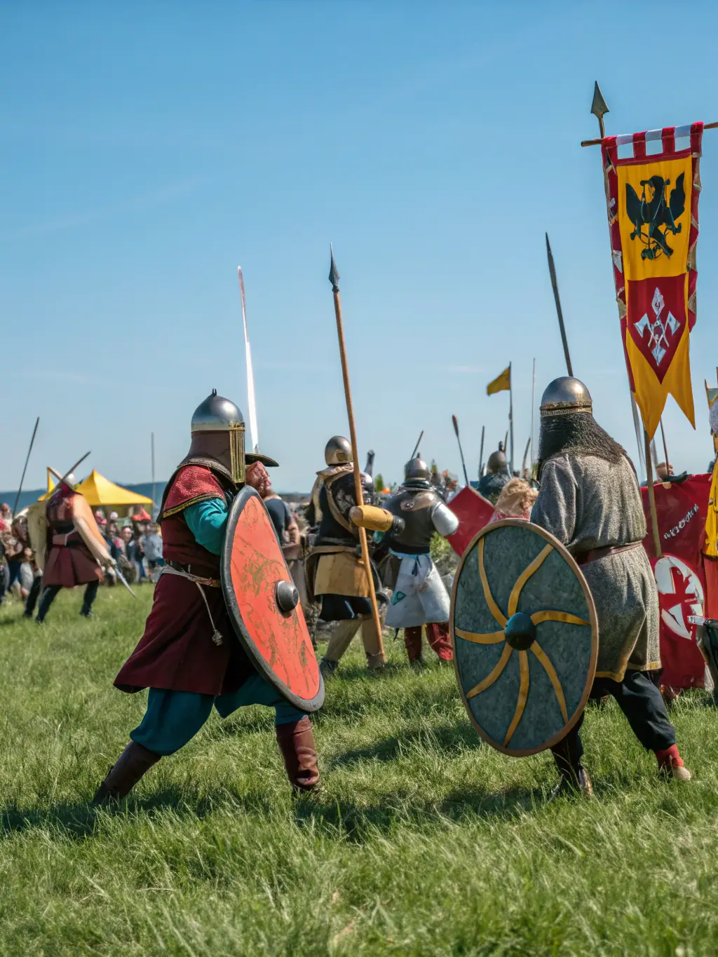 A photograph of a historical reenactment event taking place on the grounds of Chateau de Dame Hautebrune, with participants dressed in period costumes.