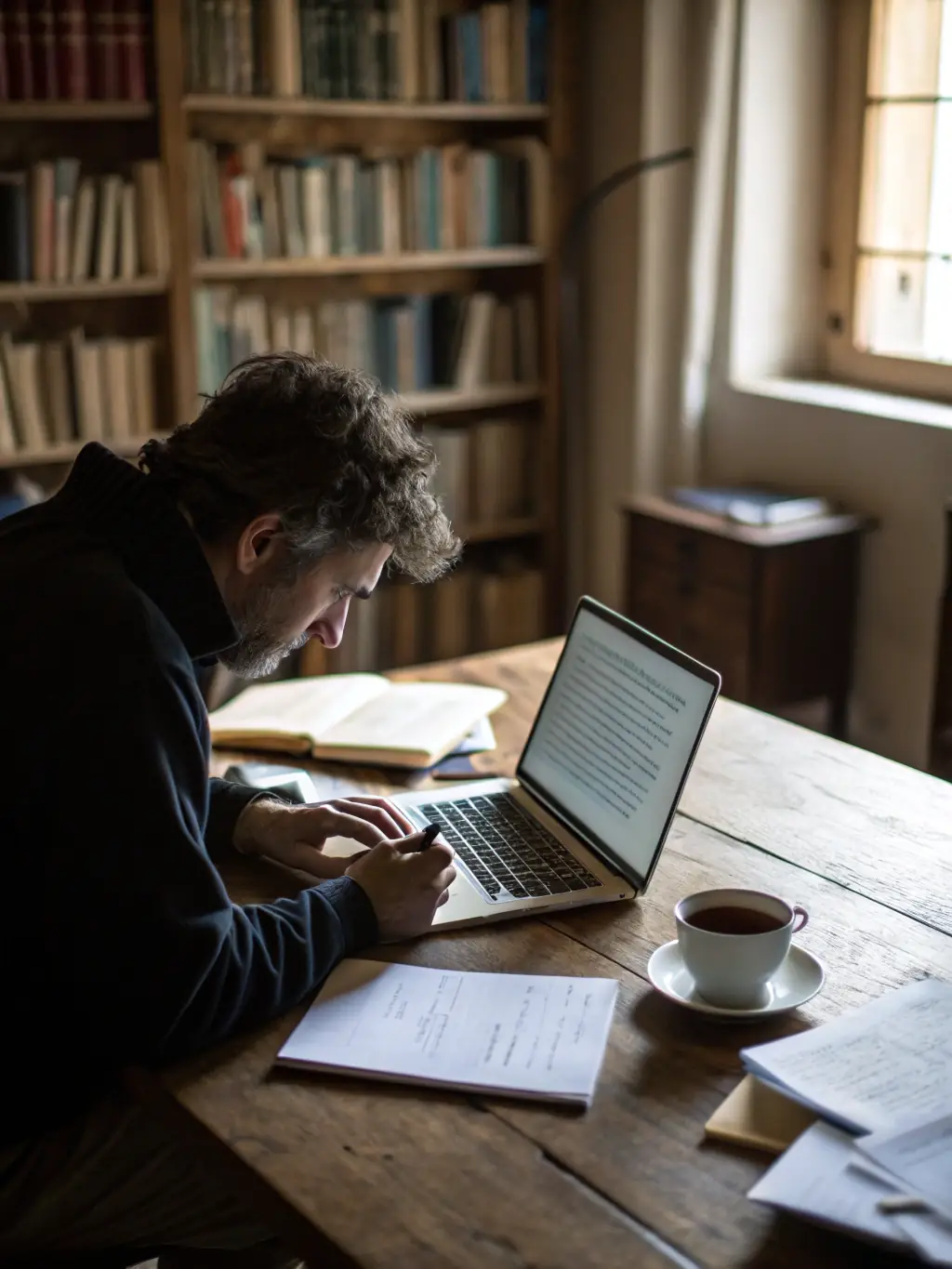 A photo of a researcher carefully examining digitized historical records on a computer, highlighting the foundation's efforts in making archives accessible online.