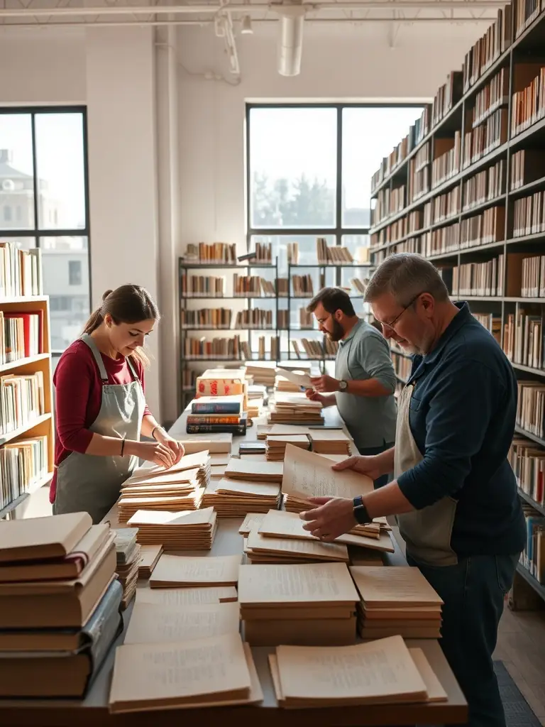 A photograph of volunteers working diligently in the archives of Chateau de Dame Hautebrune, carefully preserving historical documents and artifacts.