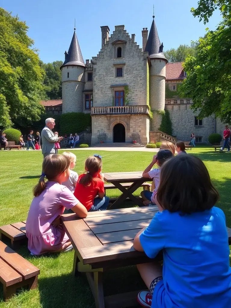 A group of students participating in a historical workshop at Chateau de Dame Hautebrune, learning about the history of the region.