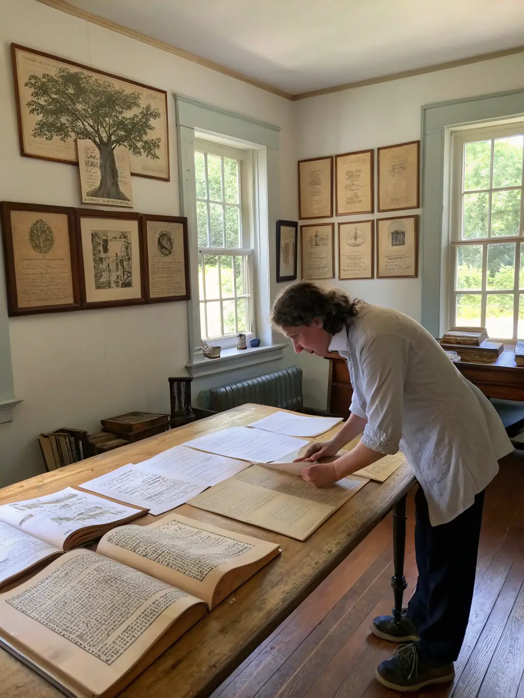 A group of researchers examining ancient maps and manuscripts in the library of the Chateau de Dame Hautebrune, highlighting the foundation's dedication to historical research.
